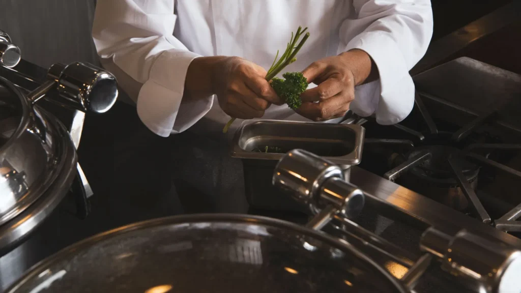 Preparing catering food in commercial kitchen