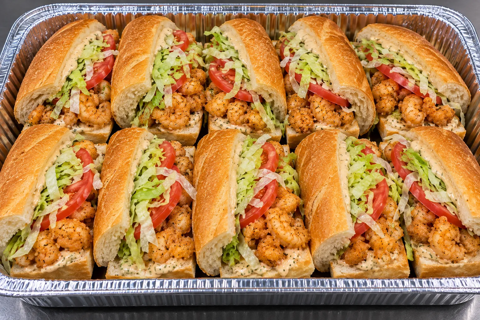Shrimp po boy sandwich tray — group catering, Tampa & St. Petersburg